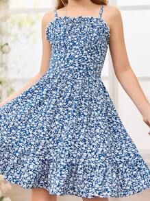 Fern Glow  Tween Girls Elegant Ditsy Floral Camisole Dress, Summer Vacation - Blue - View 4