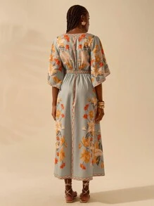 CAJUNI 女士波西米亚风热带花卉印花深 V 领荷叶边袖连衣裙，度假休闲夏季连衣裙 - 彩色 - 查看 2