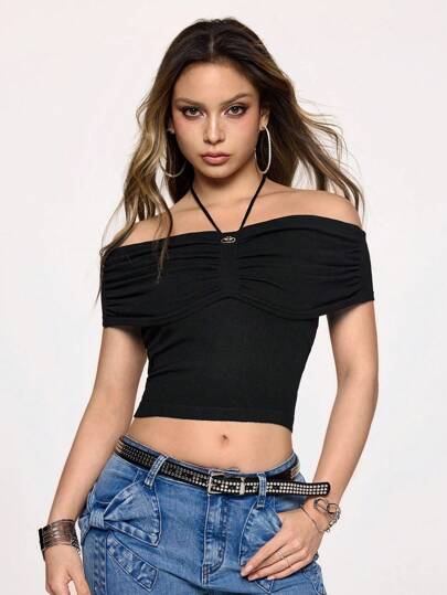 Women Open Shoulder Pleated Knit Sweater,Summer Outfits For Women