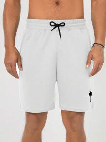 RueChic Men's Cotton Summer Drawstring Waist Coconut Tree Print Shorts - White - View 4