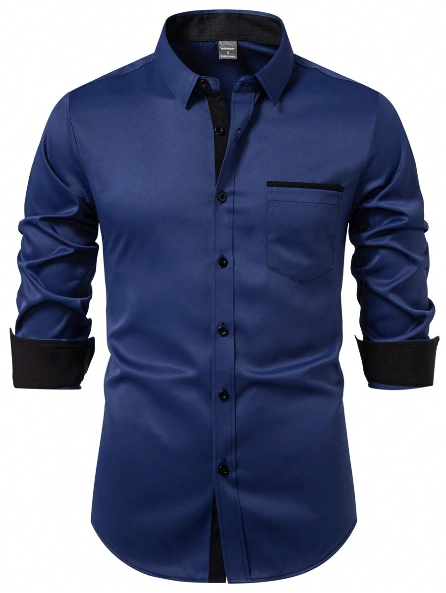 Manfinity Mode Men Casual Solid Color Simple & Fashionable Everyday Shirt, For Fall, Long Sleeve Top - Navy Blue - View 1