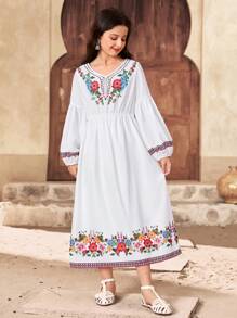 SHEIN Tween-Mädchen Lässig Blume Muster V-Ausschnitt Puff Langarm Smock Taille Schwung Gewebe Kleid für Urlaub - Weiss - Übersicht 3