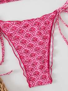 Swim Mod 女士夏季随机花卉印花细肩带荷叶边上衣和系带侧边沙滩短裤 2 件比基尼套装 - 粉色 - 查看 5