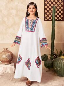 SHEIN 青少年女孩宽松休闲简约方领度假连衣裙