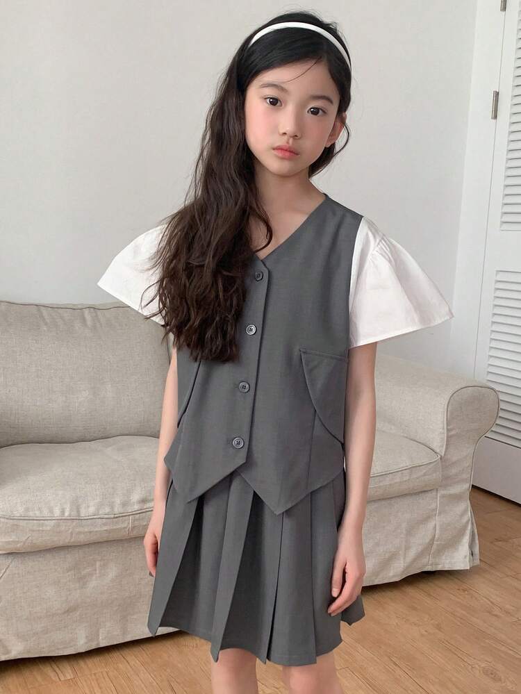 Tween Girl Button Front Minimalist Top And Mini Skirt Casual 2 Pieces Set,Girls Summer Outfits,Back To School Clothes