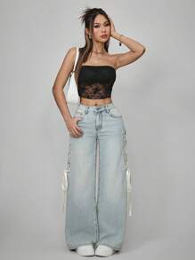 SHEIN PETITE Women's Solid Color Patchwork Front Button Pocket Casual Jeans