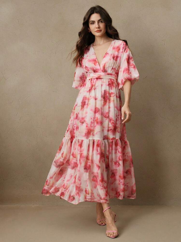 New European And American Design Floral Print Loose Fit Slimming Long Dress, Suitable For Spring/Summer, Vacation