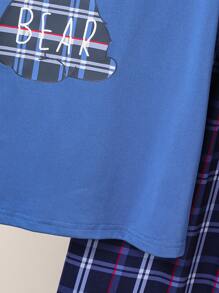 2 件套男童格子北极熊印花短袖 T 恤和裤子睡衣，时尚舒适