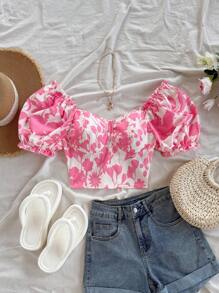 Soleia 女士夏季假期宽松花卉印花泡泡袖荷叶边下摆收腰浪漫休闲衬衫上衣，适合春季、派对、情人节、约会、下午茶 - 彩色 - 查看 5