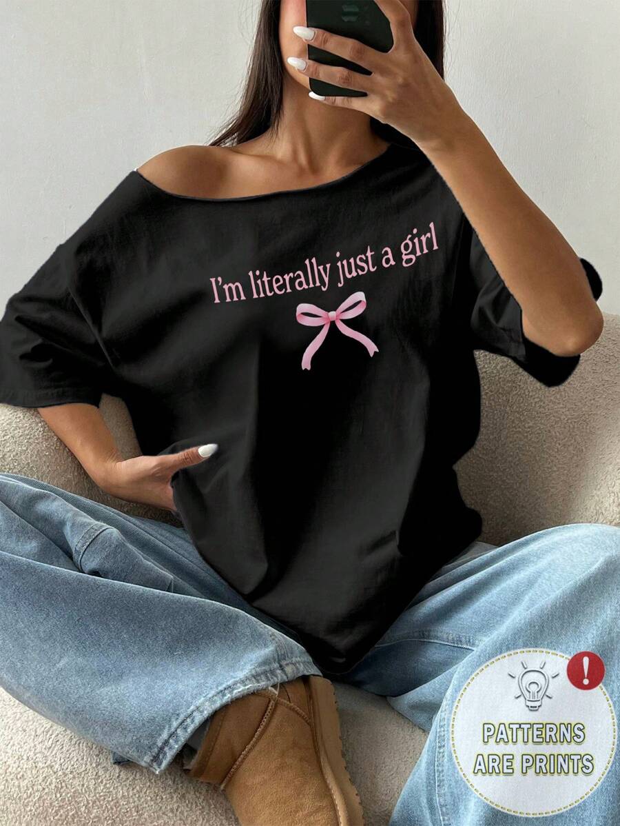 Flirla Women's Casual Floral Print Oblique Shoulder Short Sleeve Blouse For Everyday Wear Graphic Tees Women Tops - Black - View 1