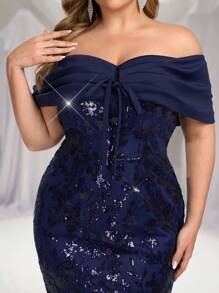 Glamrae Vestido de cóctel midi de corte ajustado con cuello de chale, body con, de color azul marino elegante con bordados y lentejuelas, para invitada a bodas y fiestas, talla grande - Azul Marino - Ver 6