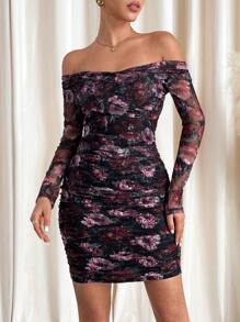 SHEIN Clasi 1 pieza Vestido con estampado de rosas, hombros descubiertos, ajustado, con superposición de malla para mujeres, ropa para San Valentín, vestidos rojos elegantes y sofisticados