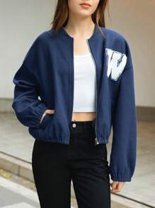 INAWLY Women's Autumn/Winter Letter Embroidered Casual Short Baseball Collar Jacket Fall Cloth For Women - Navy Blue - View 3