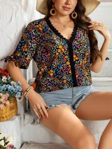 SHEIN LUNE 大码女式蕾丝边碎花 V 领衬衫，露肩系带袖，女士夏季服装，圣帕特里克节、狂欢派对、节日、春假波西米亚风