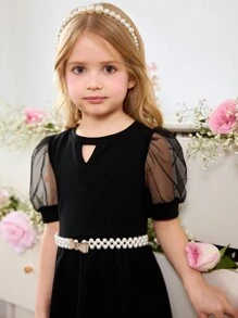 SHEIN Fern Glow  Young Girl's Cute Black Mesh Short Sleeve Dress, Summer - Black - View 4