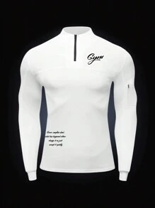 Manfinity Sport Corelite 男式口号印花半拉链领白色长袖运动 T 恤 - 白色 - 查看 1