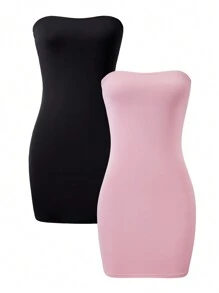 SHEIN Multi-Piece Tube Pink Dress For Teen Girls - Multicolor - View 3