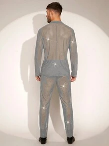 FeverCity Conjunto de traje traslúcido de manga larga y pantalón largo minimalista para hombres