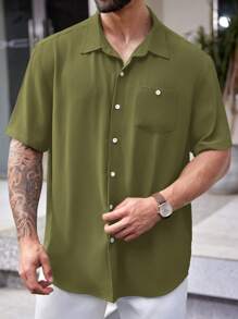 Manfinity VCAY 梭织休闲短袖衬衫（大码） - 軍綠色 - 查看 5