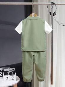 3pcs/Set Young Boy Casual Academy Style Vest,White T-Shirt&Drawstring Pants Set,Suitable For Daily Wear,School,Outings,Spring,Summer,Autumn - Green - View 2