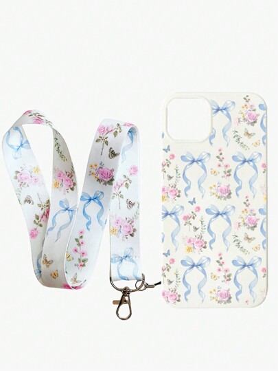 Kawaii 1 pezzo Elegante custodia per iPhone bianca con fiocco blu e motivo floreale