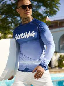 Surfspeed Men's Gradient Letter Print Raglan Sleeve Long Sleeve Surfing T-Shirt - Blue - View 1