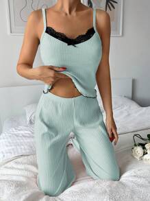 EURMUSE 2Pcs Cotton Lace Trim Cami Top With Lace Detail Homewear Set - Mint Green - View 5