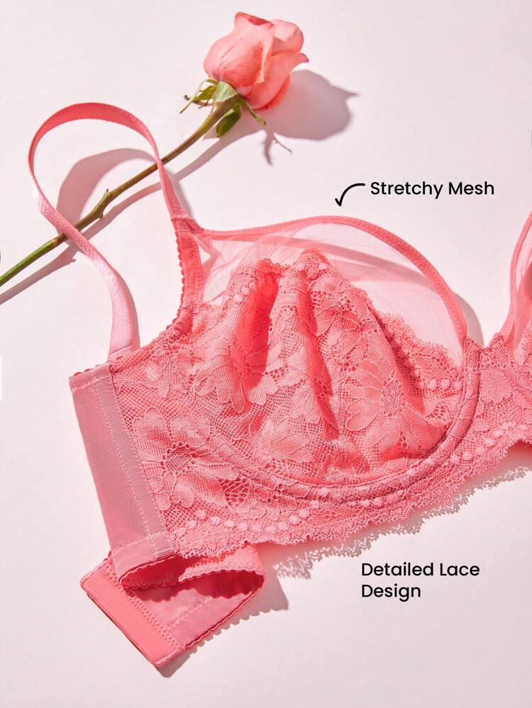 Plus Full Coverage Unlined Mesh & Lace Bra