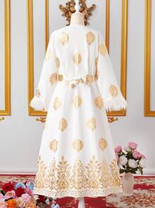 2pcs/Set Tween Girl Furry Patchwork Simple Long Sleeve Outerwear And Dress - Black - View 2