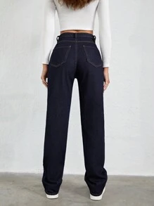 EURMUSE 100%Cotton Slant Pocket Straight Leg Jeans - Navy Blue - View 2