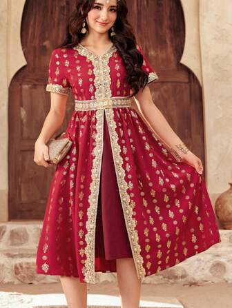 SHEIN 少女红色 V 领拼接金丝带优雅复古印花宽松 A 字形设计二合一拼接连衣裙，斋月元素，奢华传统，华丽优雅，奢华连衣裙