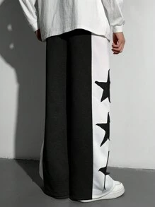 SHEIN Teen Boys 1 Piece Casual Versatile Fashion Street Style Clashing Color Plus Applique Seam Star Design Loose Wide Leg Long Sweatpants Back To School;Autumn Wear;Teen Boys Clothing;Teen Boy Jackets Autumn And Winter Clothing - Black and White - View 2