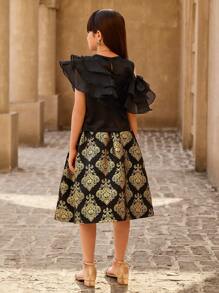 SHEIN Conjunto de 2 piezas: Blusa con paneles de organza y falda de satén con estampado dorado en lámina, diseño adecuado para fiestas, reuniones, festivales, Ramadán - Rosa - Ver 2