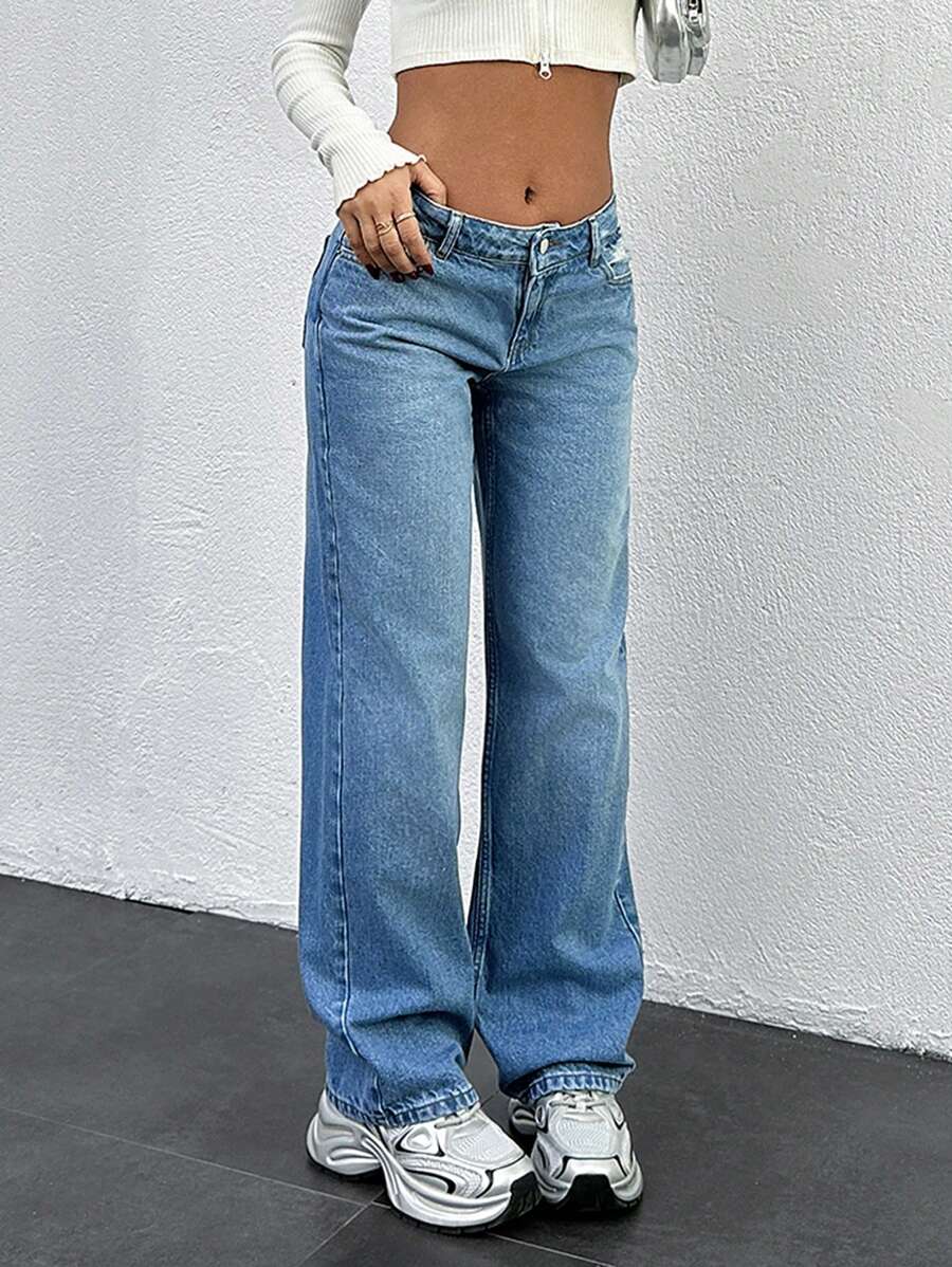 EURMUSE WOMEN LOW WAIST STRAIGHT JEAN CASUAL - Medium Wash - View 1