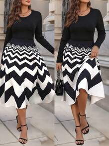 SHEIN Clasi Plus Size Commute Casual Único Top de Malha Com Padrão Ondulado Elegante e Saia Vintage de Cintura Alta Conjunto de 2 Peças - Multicolorido - Ver 1
