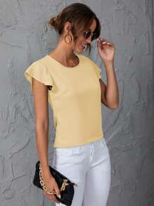 SHEIN Clasi Blusa da donna casual a maniche corte con collo rotondo e ruches, tinta unita