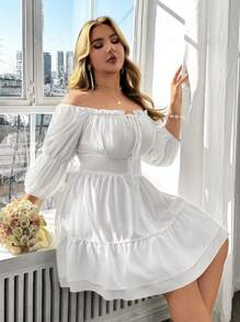 SHEIN LUNE 大码女式优雅露肩系带荷叶边下摆高端新款连衣裙 - 白色 - 查看 4