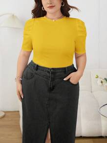 SHEIN Privé 大码女式纯色圆领休闲短款泡泡袖 T 恤 - 黃色 - 查看 5