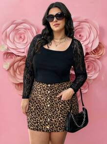 SHEIN LUNE Camiseta de Manga Longa Casual Simples Plus Size para Mulheres, Camiseta Ajustada Casual Romântica para o Dia dos Namorados, Adequada para Verão, Dia dos Namorados, Camiseta Casual para Férias Mulher Verão para Mulheres - Preto - Visão 3