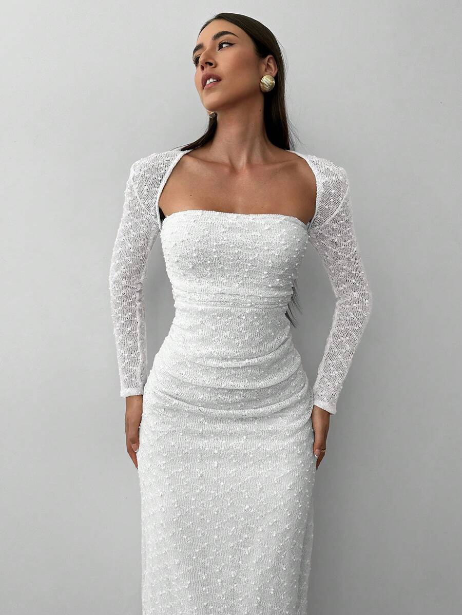 Aloruh Vestido de punto jacquard de cuello cuadrado elegante para mujer, otoño/invierno - Blanco - Ver 1