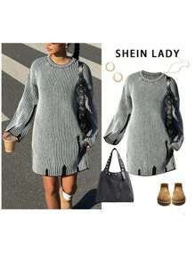 SHEIN Unity 女士条纹圆领长袖简约短款针织毛衣连衣裙 - 黑色 - 查看 1