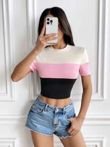 SHEIN EZwear Casual Multi-Color Patchwork Short Sleeve Slim Crop T-Shirt