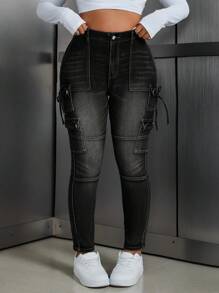 SHEIN ICON Plus Size Casual Washed Slim Fit Cargo Jeans