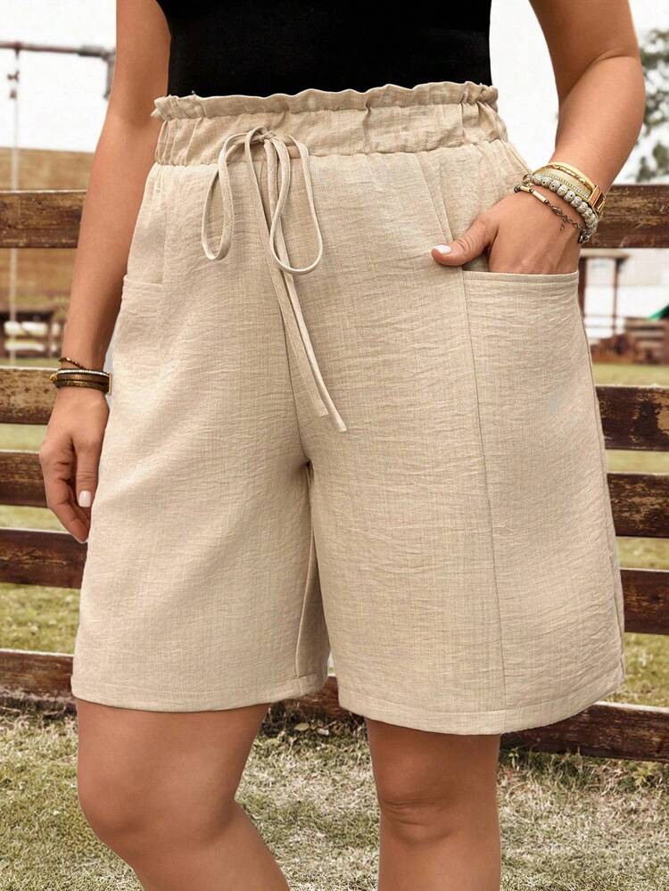 Plus Size Linen Color Shorts For Women, Summer Double Pockets Bandage Comfy Shorts, Vacation Woman, Women Loose Boho Bermuda Shorts, Western Wear Women, Casual Everyday Wear, Spring