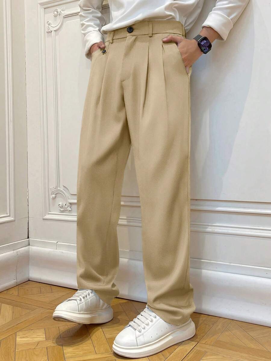 Manfinity Hypemode Men Casual Solid Color Simple Stylish Everyday Trousers For Ceremony, Formal - Khaki - View 1