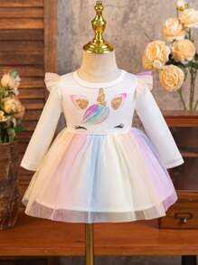 Glamorique Kids Vestido corto lindo con mangas con volantes, estampado de degradado de unicornio y arcoíris, manga larga de gasa, para bebé niña, para principios de primavera