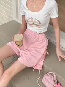 DAZY Pantalones cortos sueltos de mujer casuales de unicolor con lazo en la cintura