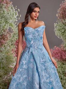 Glamrae Elegant Blue Jacquard Satin Tube Dress,Gorgeous Asymmetric Three-Dimensional Texture High Slit Wedding Guest Dress For Dinner,Prom&Formal Events - Blue - View 5