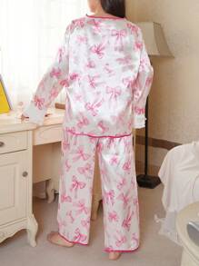 SweetSlumber Plus Size Bowknot Print Chiffon Ruffle Trim Colorblock Pink Pajama Set, For Valentine's Day