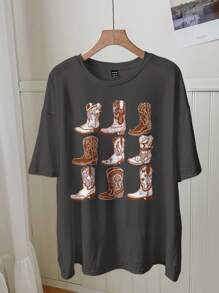 Attitoon Camiseta holgada de mujer con cuello redondo y estampado minimalista de botas, adecuada para el verano